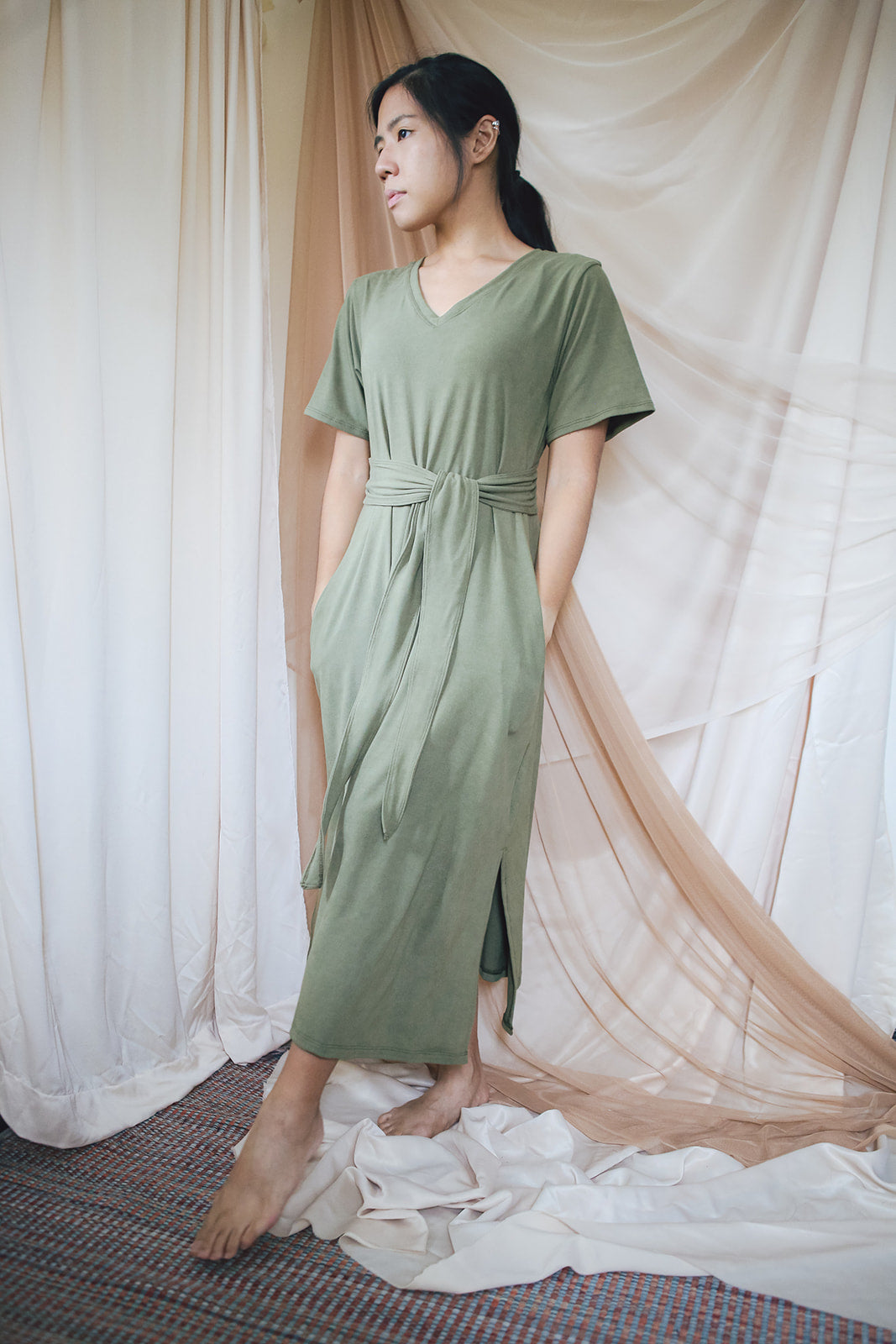 Kensington Maxi T-shirt Dress w/ Slit in Olive Green