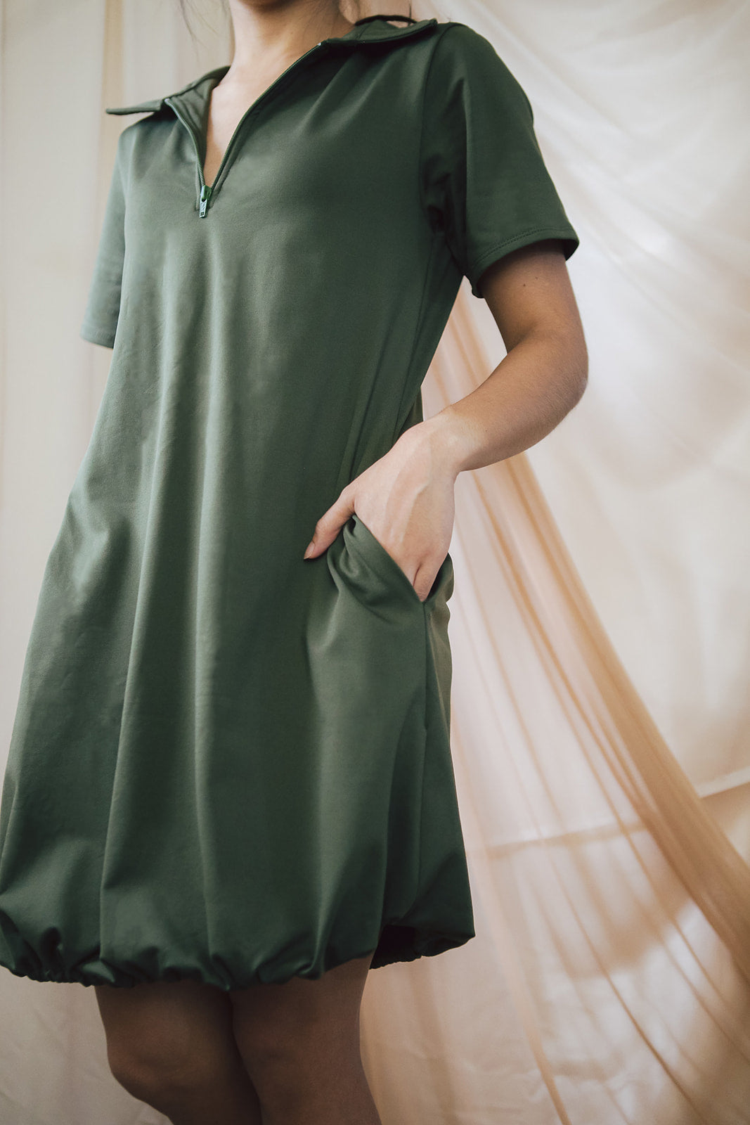 Ravello Zip Dress with Drawstring Hem in Olive Green